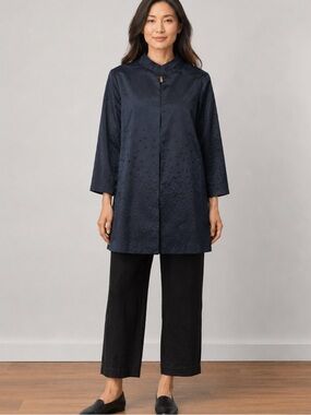 Eileen Fisher Black Jacquard A-Line Jacket Tunic Pockets Mandarin Collar 1X